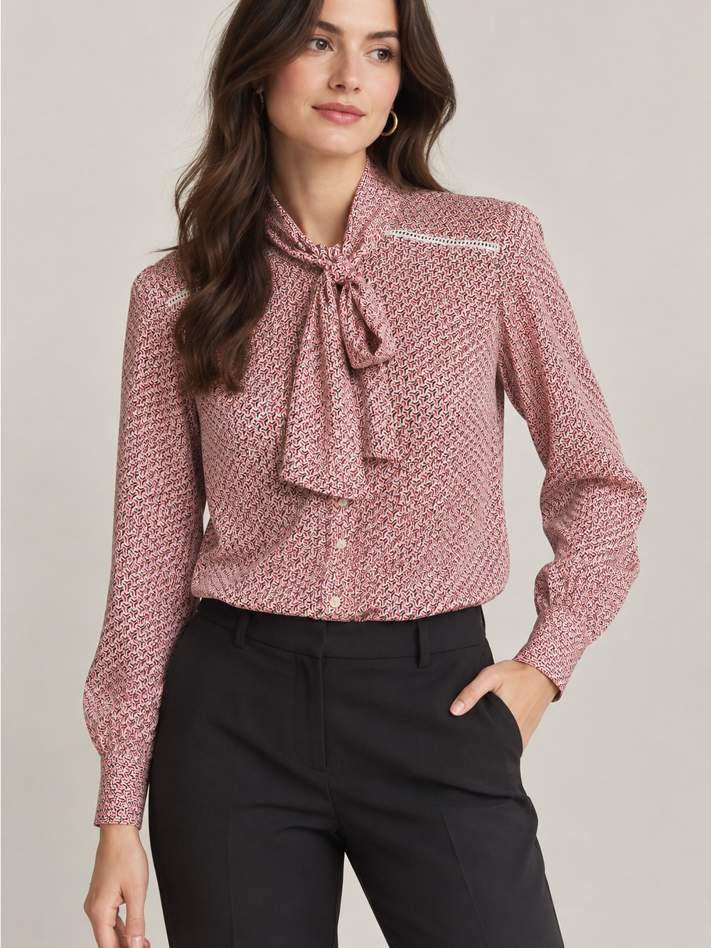 Banana Republic Pink Printed Tie-Neck Button-Down Blouse